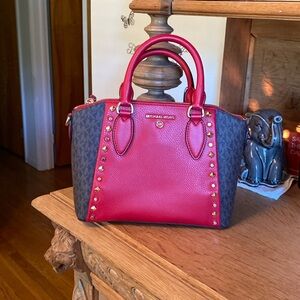 Michael Kors signature MK logo, red leather with gold accent
